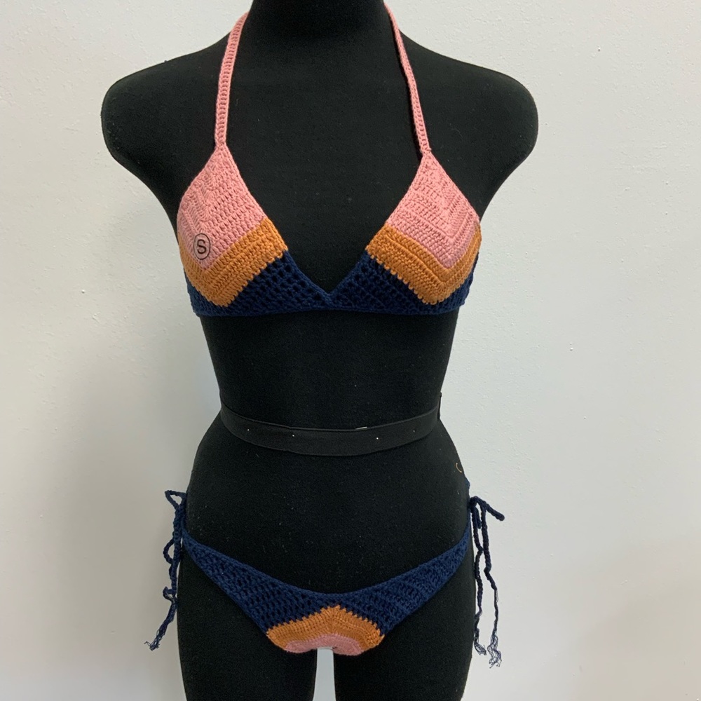 Crochet Knit bikini set- pink / orange/blue